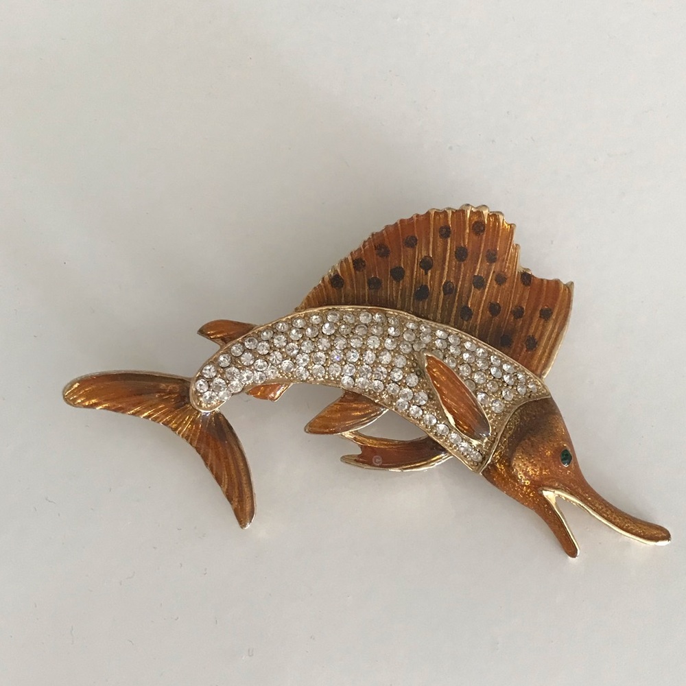 Vintage swordfish rhinestone brooch pin